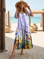  Per donna Abito Midi Abito a trapezio Abito Estivo Vacanza Casual Spiaggia Vestibilità regolare Floreale Grafico Manica Corta Scollo a V Blu Giallo Verde chiaro Rosa Estate Primavera
