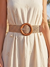preiswerte Damengürtel-Boho-Taillengürtel für Damen, mehrfarbiger, elastischer Flechtgürtel mit runder Vintage-Holzschnalle – ideal für Strandurlaub, Sommerresort und lässigen Alltag.