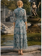 preiswerte Knöchellänge-A-Linie Kleid Knöchellänge Cocktailkleid Brautmutterkleid Dreiviertelarm V Ausschnitt Elegant Lässig Formell Hochzeitsgast Ferien Chiffon mit Blumenmuster Rüschen Kaskadierende Rüschen