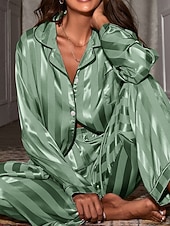 cheap Women's Sleep Tops &amp; Bottoms-Women's Loungewear Pajama Set Fashion Simple Casual Pure Color Satin Silky Pajamas Pyjamas Elastic Waist Buttons Pant Home Vacation Long Sleeve Shirt Collar Black White Red Green Spring Fall Regular