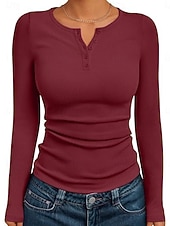 cheap Plain Blouses-Women's Blouse Buttons Solid Color Daily Stylish Casual Long Sleeve Crew Neck Regular Tops Daily Black White Wine Brown Dark Gray Spring Fall