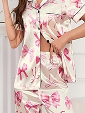 cheap Women's Sleep Tops &amp; Bottoms-Women's Loungewear Pajama Set Fashion Simple Casual Graphic Satin Silky Pajamas Pyjamas Elastic Waist Buttons Pant Home Vacation Short Sleeve Shirt Collar Pink Summer Spring Fall Regular Fit