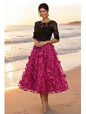 cheap Cocktail Dresses-A-Line Tea Length Lace Dress Cocktail Dresses Elegant Vintage Floral Half Sleeve Crew Neck Garden Party Wedding Pocket Satin Tulle with Embroidered Flower Appliques