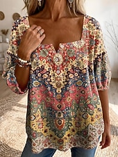 billige Kunst og Design Bluser-Dame Bluse Trykt mønster Grafisk Geometrisk Årgang Daglig Stilfull Halvlange ermer Firkantet hals Vanlige topper Avslappet Daglig Blå Gul Rød Oransje Sommer Vår