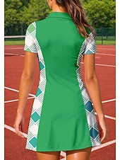 voordelige Dames jurk-Women's Geometric Tennis Dress Sports Dress Tennis Polo Dress Short Sleeve Quarter Zip UPF50+ Elastic Sweat-Wicking Breathable Volleyball Tennis Golf Turndown Zip Collar Dress Green Tennis Clothing