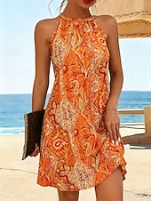 economico Abiti Boho-Per donna Abito al ginocchio Abito a trapezio Abito Estivo Vacanza Casual Vestibilità regolare Grafico Boho Paisley Damasco Senza Maniche All'americana Giallo Rosso Arancione Verde Estate Primavera