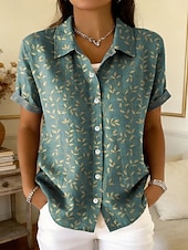 abordables Blusas Florales-Mujer Camisa Botones Estampado Floral Graphic Geométrico Diario Elegante Casual Manga Corta Cuello Camisero Tops cortos Casual Diario Verde salvia Verde Trébol Verano Primavera