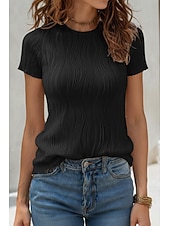 baratos Camiseta lisa-Mulheres Camiseta Textura T-shirt Jacquard Frufru Côr Sólida Elegante Moda à moda Manga Curta Gola Redonda Tops regulares Diário Para Noite Final de semana Preto Branco Vinho Verde Verão Primavera