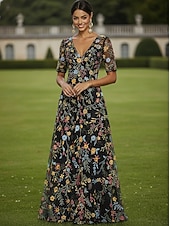  А-силуэт Платья В пол Платье для вечеринки Коктейльные платья Платье для матери невесты Рукав до локтя V-образный вырез Элегантный стиль Винтаж Роскошный Официальные Свадебный гость Дерби в Кентукки