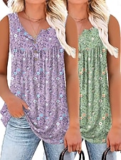 cheap Plain Tank-Multi Packs 2pcs Women's V Neck Sleeveless Yellow+Blue Tank Sleeveless Shirt Tee Top Floral Casual Daily Polyester Summer