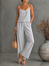 cheap Sets-Women's 100%cotton Tank Top Pants Sets Button Front Sleeveless Fashion Daily Date Going out Blue White Gray Summer Loose Fit