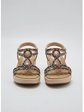 Недорогие Сандалии на танкетке-Женские богемные сандалии с цветочным принтом и Т-образным ремешком — удобные черные прогулочные туфли с красочными объемными цветочными акцентами и эластичным задним ремешком для отдыха на природе, летних фестивалей и поездок на пляж.