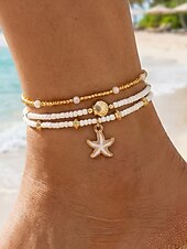 cheap Women's Bracelet-Women's Bohemian Style Alloy Starfish Pendant Anklet Set, 3-Piece Beach Vacation Jewelry, Casual Daily Wear, Lightweight, Adjustable, Trendy Summer Accessory
