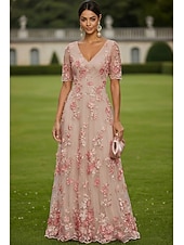 economico Lunghezza del pavimento-Linea ad A Abito Lunghezza al pavimento Vestito maxi Vestito da Festa Abito da Cocktail Abito da cerimonia per signora Manica Corta Scollo a V Elegante Vintage Lussuoso Formale Ospite di nozze Derby