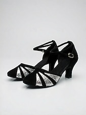 abordables Años 1920 &amp; Era Gatsby-Zapatos de tacón de ante negro estilo Gran Gatsby de los años 20 para mujer: elegantes zapatos de salón rojos con purpurina y estampado de rayos de sol, con correa en el tobillo, ideales para fiestas