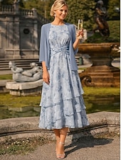 baratos Conjuntos de vestidos para mamãe-Duas Peças Linha A Longuette Vestido de convidada de casamento Vestido Para Mãe dos Noivos Sem Manga Manga 3/4 Gola Redonda Elegante Simples Minimalista Formal Semi formal Chiffon Jacquard com