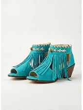 baratos Sandálias de salto-sandálias femininas peep-toe com franjas estilo bohemiao azul e salto bloco – sapatos de verão abertos no estilo western para festivais de música e passeios casuais