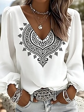 baratos Arte &amp; Design Blusas-Mulheres Camisa Social Gráfico Geométrica Estampado Cashemere Boêmia Férias Vintage Manga Longa Decote V Tops regulares Diário Feriado Para Noite Azul Branco Azul Marinha Castanho Claro Roxo Verão