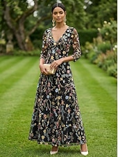 abordables Longitud a la altura del tobillo-Corte A Vestidos Hasta el Tobillo Vestido de Fiesta Vestido Cóctel Vestido de Madrina Manga 3/4 Escote en Pico Elegante Vintage Lujoso Formal Invitado a la boda El derby de Kentucky Gasa Tul con