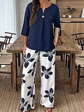 abordables Trajes de blusa para mujer-Women's Two Piece Sets Pants Sets 3/4 Length Sleeve V Neck Floral Graphic Print Daily Stylish Casual Daily Vacation Blue Purple Orange Summer Regular Fit