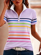 economico T-shirt a righe e geometrico-Per donna Maglietta Cerniera Zip a un quarto A strisce Grafico Blocco di colori A righe Vintage Tropicale Hawaiano Manica Corta Collo Alto Top Regolari Matrimonio in Spiaggia Casuale Quotidiano Blu