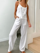 abordables Conjuntos-Mujer Conjuntos de lino y algodón Conjuntos de dos piezas Camis Sin Mangas Cuello Barco Plano Moda Ropa de calle Casual Diario Exterior Azul Piscina Blanco Gris Claro Verano Ajuste regular