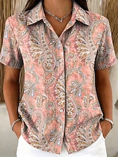 Χαμηλού Κόστους Τέχνη &amp; Σχεδίαση Μπλούζες-Γυναικεία Πουκάμισο Κουμπιά Στάμπα Γραφική Λαχούρι Βίντατζ Στυλάτο Μοντέρνα Κοντομάνικο Κολάρο Πουκαμίσου Κανονικά μπλουζάκια Causal Καθημερινά Θαλασσί Κίτρινο Ανθισμένο Ροζ Βαθυγάλαζο Βυσσινί