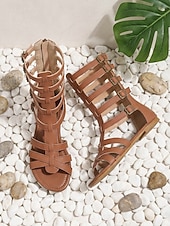 ieftine Sandale gladiator-Sandale gladiator pentru femei până la genunchi – sandale romane plate cu barete și cataramă multiplă, pantofi de vară boho pentru vacanțe în aer liber, călătorii și stațiuni pe plajă