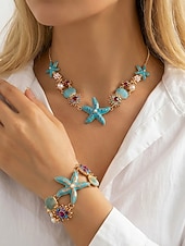 Χαμηλού Κόστους Γυναικείο Κολιέ-Γυναικείο κολιέ και βραχιόλι με μπλε και άσπρο αστερία από κράμα μποέμ, κοσμήματα διακοπών στην παραλία για ταξίδια, στυλ θέρετρου και καθημερινή casual ένδυση