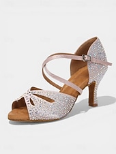 abordables Latin Shoes-Women's Tan Rhinestone Latin Dance Heels - Sparkling Strappy Salsa Ballroom Shoes