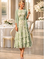 baratos Conjuntos de vestidos para mamãe-Duas Peças Linha A Longuette Vestido de convidada de casamento Vestido Para Mãe dos Noivos Sem Manga Manga 3/4 Gola Redonda Elegante Simples Minimalista Formal Semi formal Chiffon Jacquard com