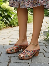 abordables Sandales à talons-Sandales à talons carrés imprimées style ethnique pour femmes – mules colorées à bout ouvert, idéales pour les vacances, les festivals et les tenues estivales décontractées.