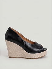 abordables Escarpins Peep Toe-Sandales compensées noires à bout ouvert pour femmes - espadrilles d'été à talons hauts et semelle tressée, idéales pour les croisières, les excursions à terre et les dîners élégants.
