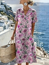 economico Abiti floreali-Per donna Abito Midi Abito a Tubino Vestito Estivo Vacanza Casual Spiaggia Vestibilità regolare Floreale Grafico Manica Corta Scollo a V Blu Bianco Rosa Viola Estate Primavera