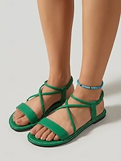 economico Donne-Sandali da donna bianchi con cinturini - comode scarpe estive basse con sottili cinturini incrociati e tallone elastico, ideali per vacanze al mare e viaggi sulle isole.