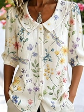 ieftine Bluze florale-Pentru femei Cămașă Imprimeu Floral Grafic libelulă Vacanță Epocă Stilat Manșon Jumate Gulerul Peter Pan Topuri obișnuite Casual Zilnic Albastru piscină Alb Galben Vară Primăvară
