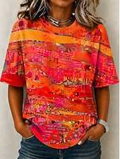 baratos Boho tee-Women's Waffle T-shirt Textured Knit Tops T Shirt Summer Tops Drop Shoulder Print Graphic Geometric Tribal Vintage Stylish Classic Short Sleeve Crew Neck Round Neck Regular Tops Casual Daily Blue