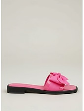 voordelige Slide Sandalen-Opvallende roze slippers met strik voor dames - chique platte slippers met vierkante neus en oversized decoratieve knopen, perfect voor luxe hotelvakanties en stranduitjes. &amp;zomerresort luieren