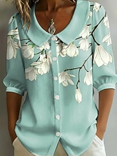 baratos Blusas Florais-Mulheres Camisa Social Imprimir Floral Gráfico Férias à moda Básico Meia Manga Coleira Peter Pan Tops regulares Casual Diário Amarelo Roxo Laranja Verde Verão Primavera