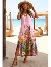  Per donna Abito Midi Abito a trapezio Abito Estivo Vacanza Casual Spiaggia Vestibilità regolare Floreale Grafico Manica Corta Scollo a V Blu Giallo Verde chiaro Rosa Estate Primavera