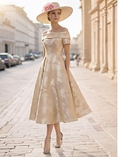 billige Te Lengde-A-linje Te-lengde Gjestekjole til bryllup Formell kjole Derbykjole Kjole til brudens mor Kortermet Løse skuldre Elegant Pastell Formell Jacquard med Plissert