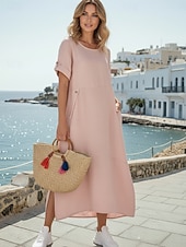 cheap Dresses-Women's Maxi Dress Cotton Linen Dress Fashion Modern Daily Outdoor Vacation Loose Fit Plain Short Sleeve Crew Neck Blue Pink Red Dark Green Summer Spring
