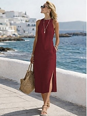 billige Essensielle falske kjoler-Dame Midikjole Imitert bomullslin Blonde kjole Strandkjole Uformell kjole Elegant Mote Moderne Strand Feriereise Helg Normal عادي Ermeløs Grimehals Blå Svart Hvit Gul Sommer Vår