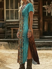  Жен. Длинное платье Платье в стиле бохо Повседневное платье Платье A-силуэта Платье с принтом Винтаж на открытом воздухе Отпуск выходные Стандартный Омбре Графика С короткими рукавами V-образный вырез