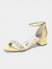 cheap Heeled Sandals-Women's Navy Pearl Embellished Chunky Heel Sandals - Elegant Ankle Strap Cocktail Party Dress Shoes