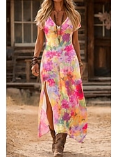 economico Abiti Boho-abito lungo da donna boho prendisole abito a trapezio vacanza casual boho spiaggia uscire vestibilità standard floreale grafica manica corta scollo a V arancione rosso rosa estate primavera