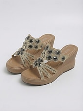 economico Donne-Sandali con zeppa da donna con strass – ciabatte con plateau decorate con motivi floreali scintillanti, comode scarpe estive per vacanze all'aperto, passeggiate in spiaggia e abbigliamento da resort.