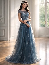 billiga Långa klänningar och gowns-A-linje Golvlång Balklänningar Elegant Kortärmad Prydd med juveler Bröllopsgäst Bröllopsfest Tyll med Plisserat Applikationsbroderi