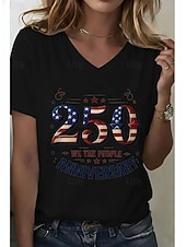  T-shirt patriotique pour femmes du Jour de l'indépendance 250e anniversaire américain graphique drapeau américain vintage élégant classique manches courtes col en V tops réguliers impression