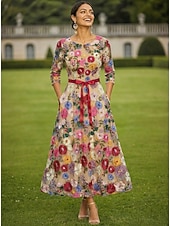 voordelige Enkel Lengte-A-lijn Jurken Tot de enkel Feestjurk Cocktail jurk Moeder van de bruid jurk 3/4 mouw Strakke ronde hals Elegant Vintage Formeel Bruiloft gast Feestdagen Chiffon Tule met Borduurwerk Appliqués Bloem